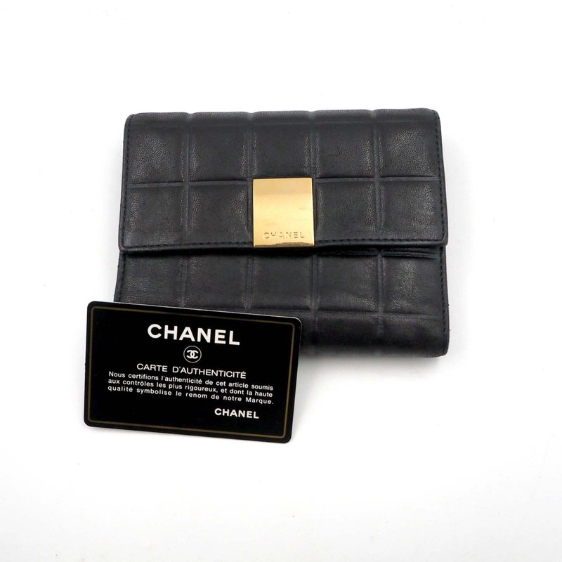 中古CHANEL香奈兒格子真皮長方錢包銀包 有瑕疵 法國高級古著珠寶 - 錢包/皮夾/長短夾 - 真皮 黑色