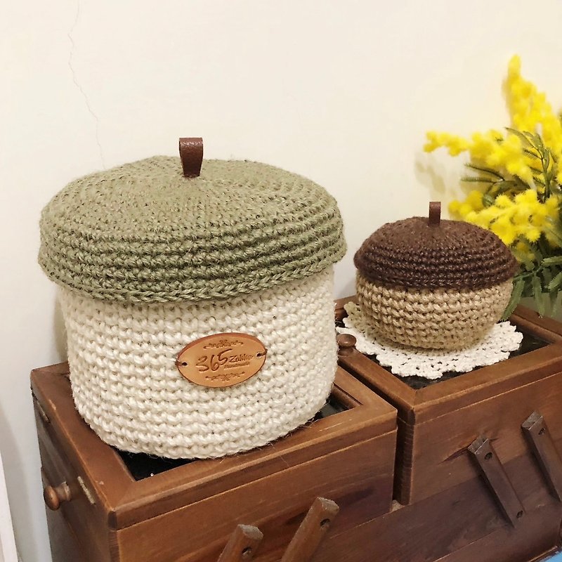 Crochet craft. Linen style crocheted treasure box W15xH12cm (off-white) - Storage - Cotton & Hemp Khaki