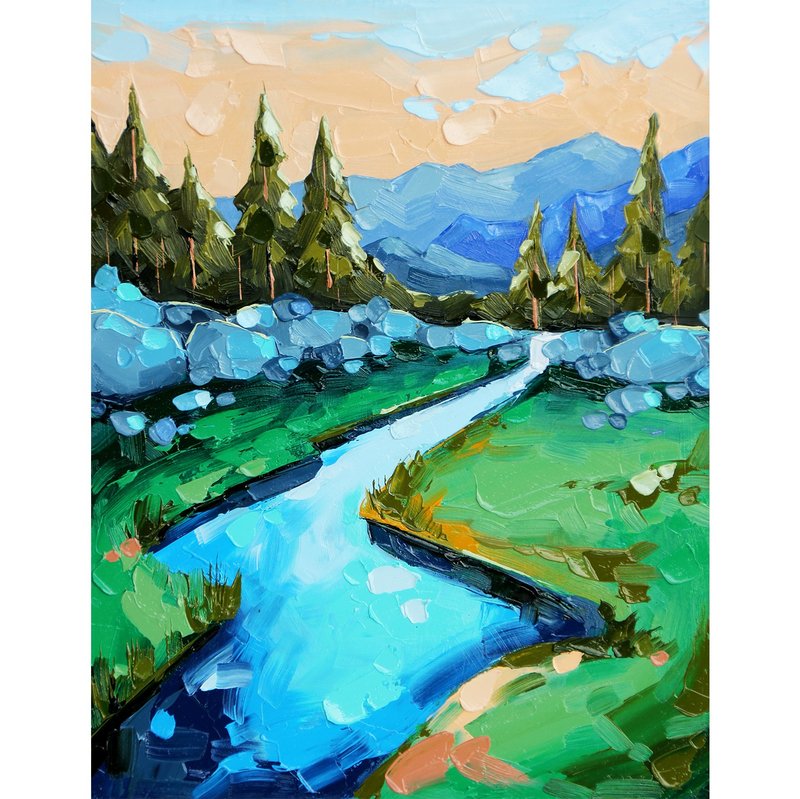 Landscape Painting Mountain River Original Art National Park Wall Art - ตกแต่งผนัง - วัสดุอื่นๆ หลากหลายสี