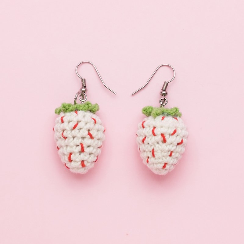 Earrings crochet fruit | The Strawberry (White) #002 - Earrings & Clip-ons - Cotton & Hemp White