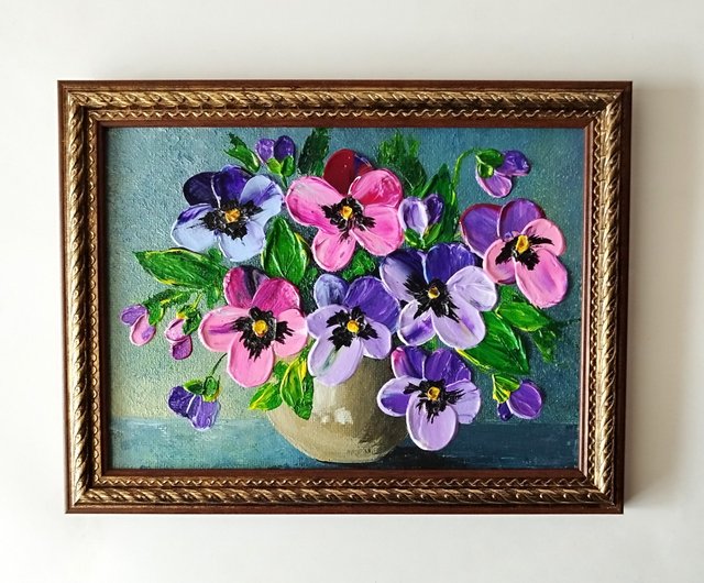 パンジーのアクリル絵の具です。花の花束は、フレーム内のアート