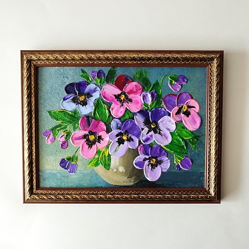 Pansies acrylic painting. Bouquet of flowers textured art in frame. Wall decor - ตกแต่งผนัง - อะคริลิค หลากหลายสี