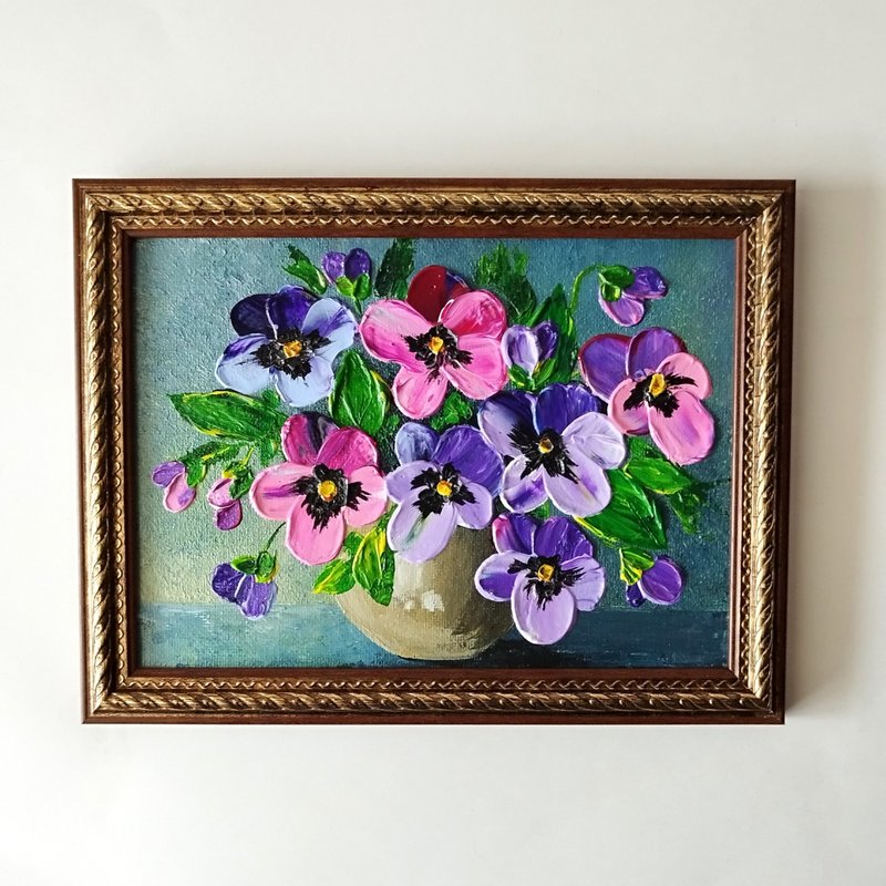 Pansies acrylic painting. Bouquet of flowers textured art in frame. Wall decor - 壁貼/牆壁裝飾 - 壓克力 多色