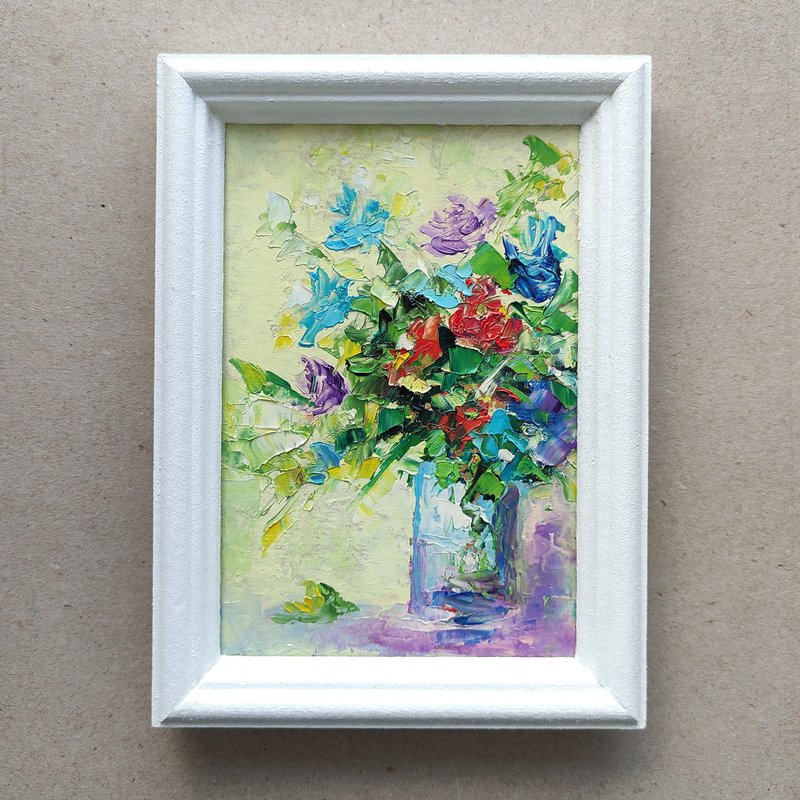 Bouquet Original Oil Painting, Small Flower Artwork, Miniature Floral Wall Art - 海報/掛畫/掛布 - 其他材質 多色