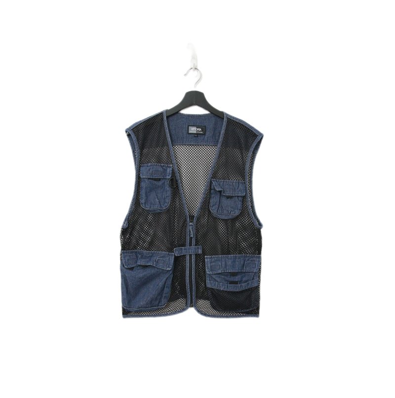 Back to Green-經典釣魚背心 藍 丹寧網格 v-22/vintage vest - 背心/無袖上衣 - 棉．麻 