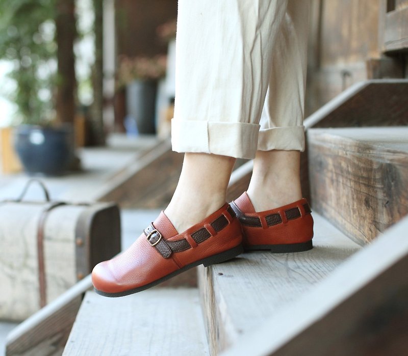 Sen Department of Art Sets Women's Shoes Buckle Comfortable Soft Leather Aurora Shoes - รองเท้าอ็อกฟอร์ดผู้หญิง - หนังแท้ สีกากี