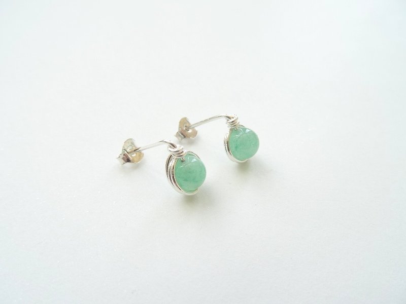 Ear Studs - Aventurine Beads Sterling Silver Wire Wrapped Stud Earrings - ต่างหู - เงินแท้ สีเขียว