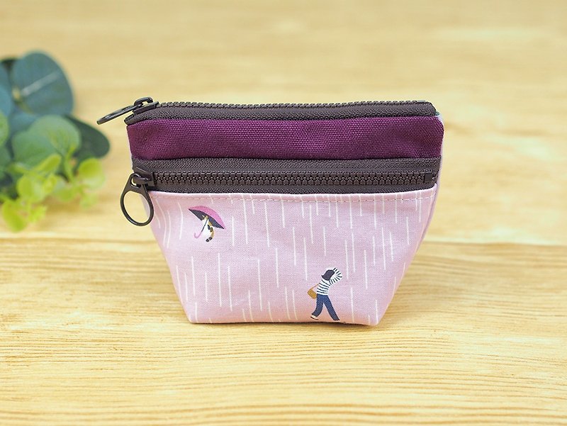 Handmade fabric bag pocket purse double zipper small admission package rain cat [rain] pink purple [BG-02] - กระเป๋าใส่เหรียญ - ผ้าฝ้าย/ผ้าลินิน สึชมพู