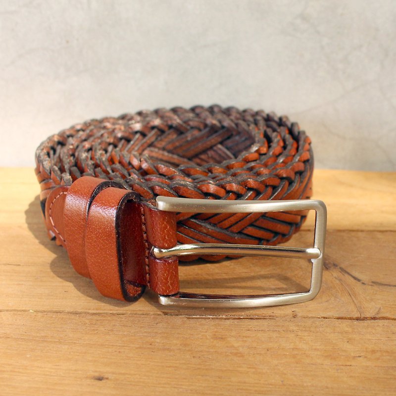 Braided Leather Belt -Tan / Design 3 + G Buckle / 皮帶 / 手工 (CODE : N) - เข็มขัด - หนังแท้ สีนำ้ตาล
