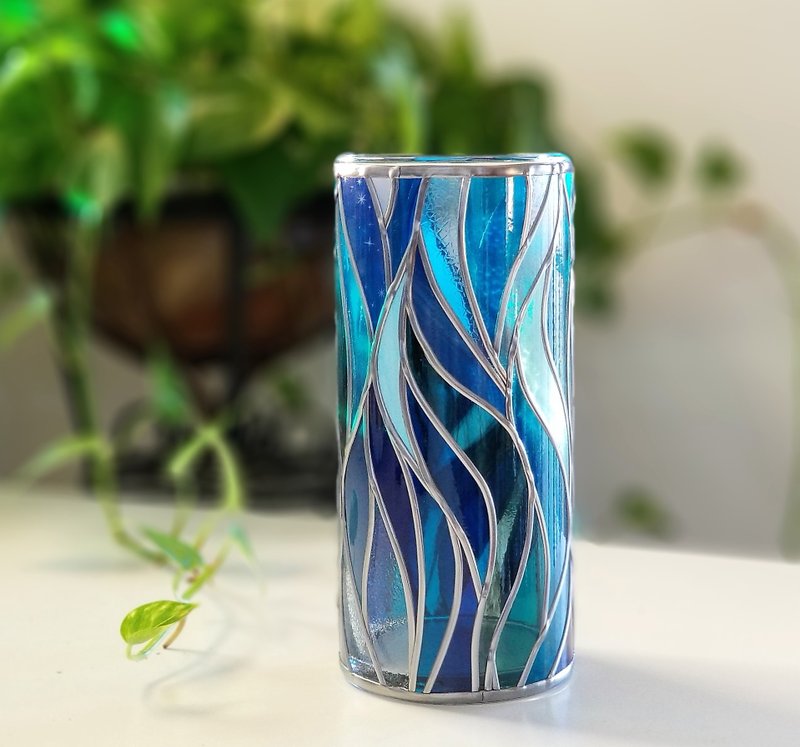 受注　グラスアート 円柱形ガラス花瓶   琉月 - 花瓶/花器 - 玻璃 藍色