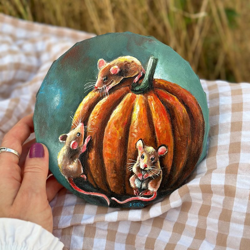 Mice original painting, Mouse wall art, Woodland cute animals, Pumpkin painting - 壁貼/牆壁裝飾 - 棉．麻 多色