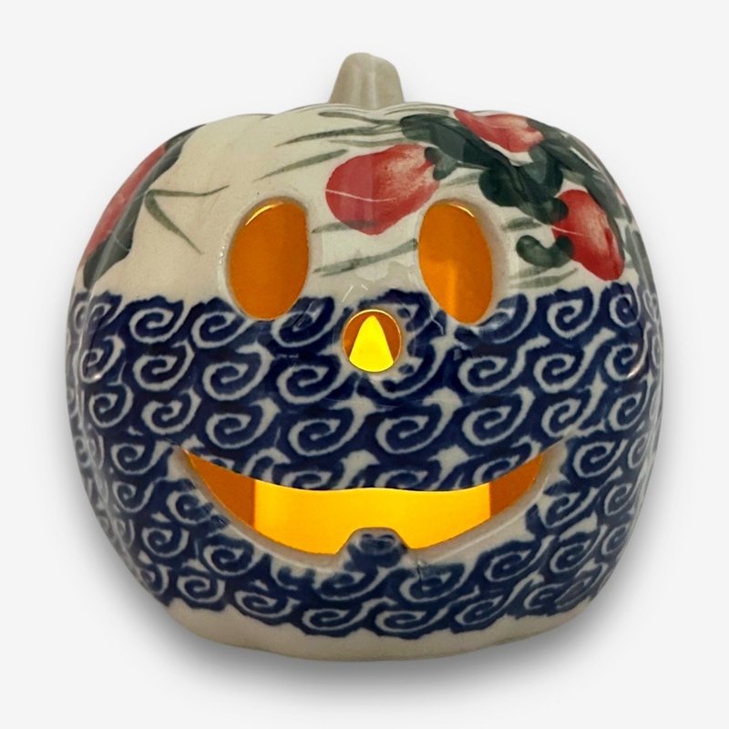 Polish hand-painted pottery-pumpkin shaped candlestick lantern 8cm essential for Halloween - เทียน/เชิงเทียน - ดินเผา ขาว