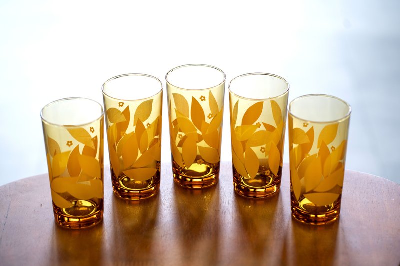 日本製 昭和 琥珀色印花玻璃杯組 一組5入 中古未使用 - 玻璃杯 - 玻璃 橘色