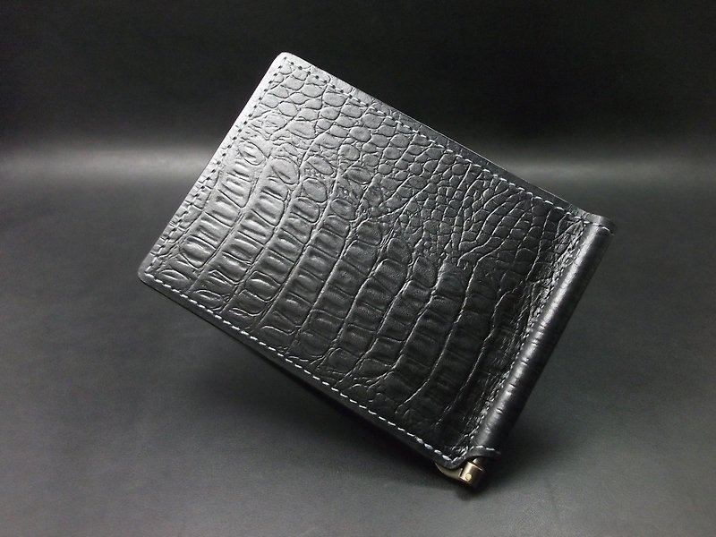 APEE leather handmade ~ banknote clip ~ crocodile pattern ~ black / blue-gray - Wallets - Genuine Leather 