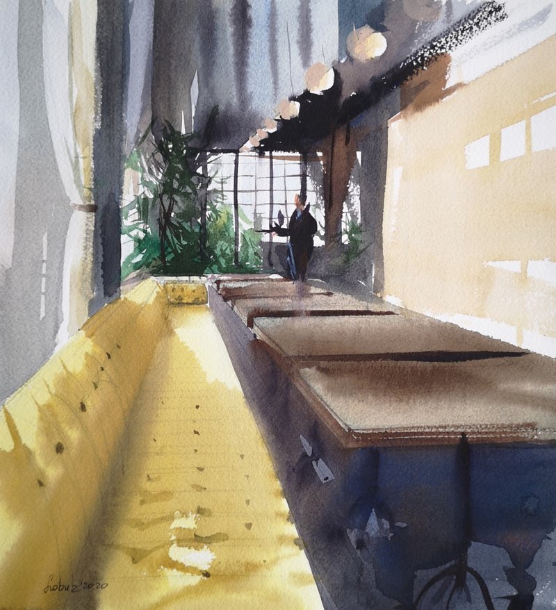 Empty cafe - Original watercolor painting 空咖啡馆-原创水彩画 - Wall Décor - Paper Yellow