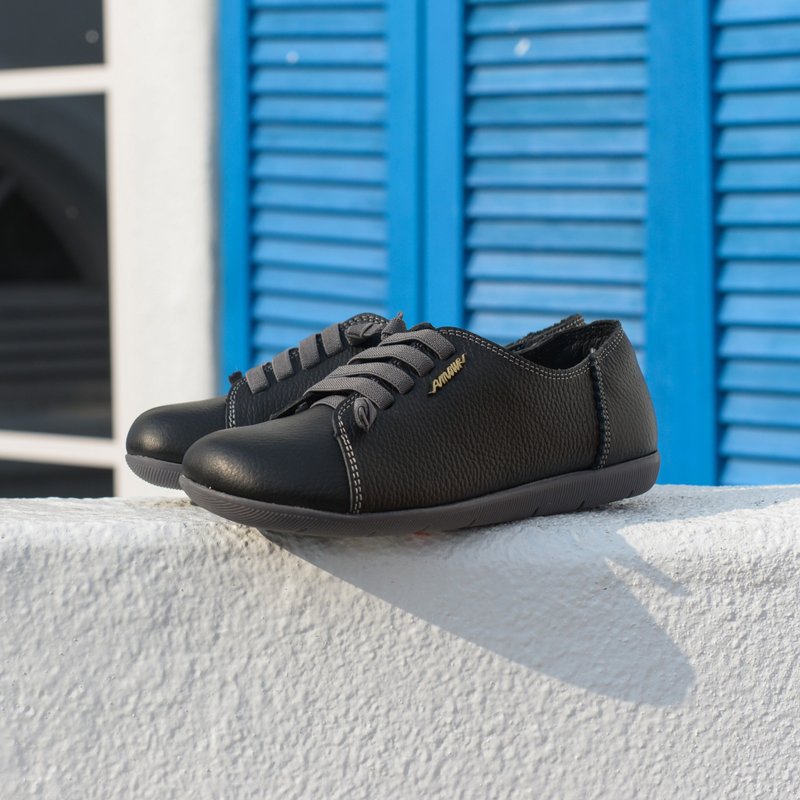 [Wide-foot friendly] MIT comfortable steamed bun shoes. Genuine Leather. Black Gray 2818 - รองเท้าลำลองผู้หญิง - หนังแท้ สีดำ