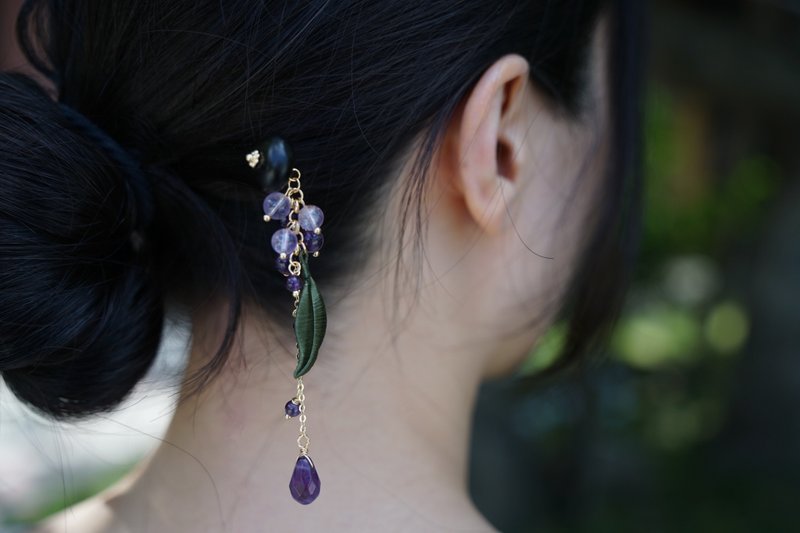 [Fragrant Beauty] Black sandalwood hairpin with wisteria and amethyst - เครื่องประดับผม - งานปัก สีม่วง