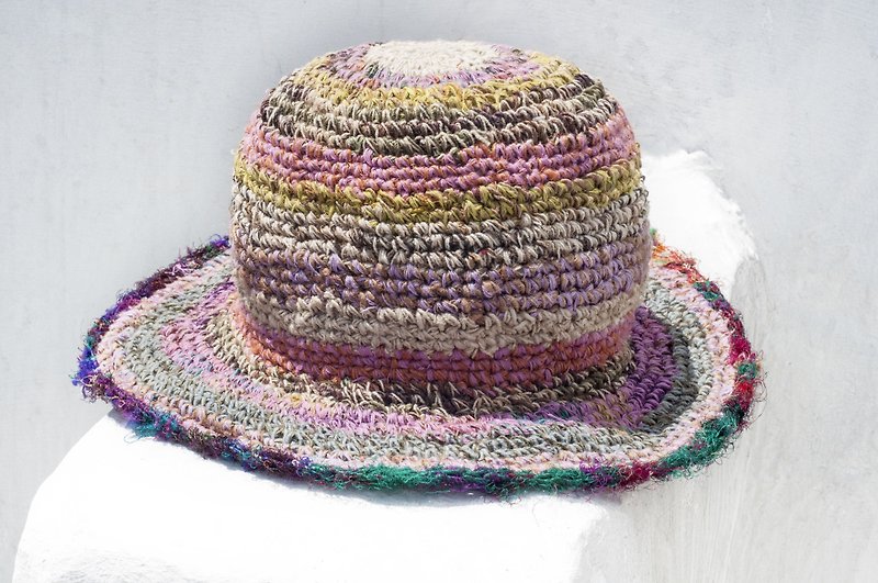 Hand-braided cotton Linen Sari cap / knit cap / hat / straw / straw hat - cap yarn Lisi Beach - Hats & Caps - Cotton & Hemp Multicolor