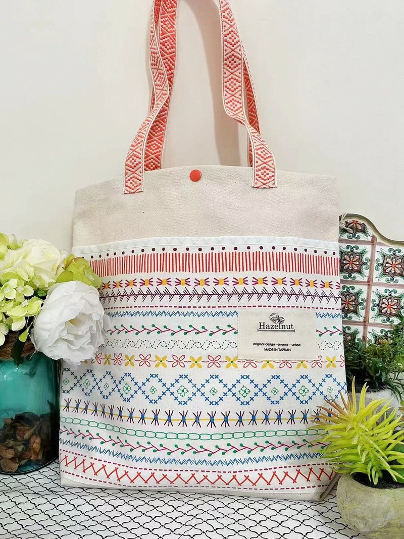 Nordic simple colorful embroidered pattern canvas bag/handbag/cotton canvas/shoulder bag - กระเป๋าแมสเซนเจอร์ - ผ้าฝ้าย/ผ้าลินิน 