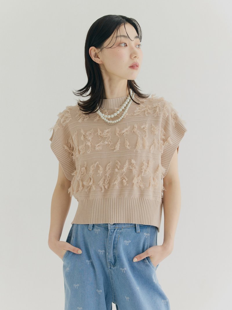 SEQUI HIBI 鬚邊感羅紋綁帶針織背心－淺粉色 - 背心/無袖上衣 - 聚酯纖維 粉紅色