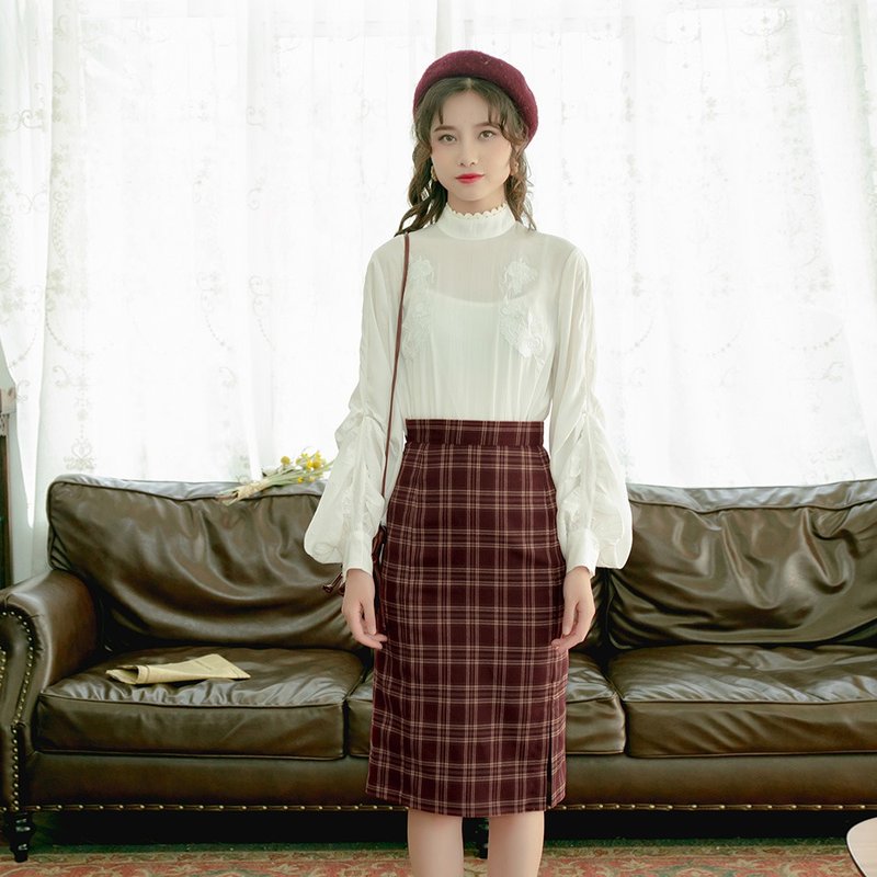 [Autumn new] Anne Chen plaid skirt female autumn and winter high waist long skirt was thin step skirt 9920 - One Piece Dresses - Other Materials 