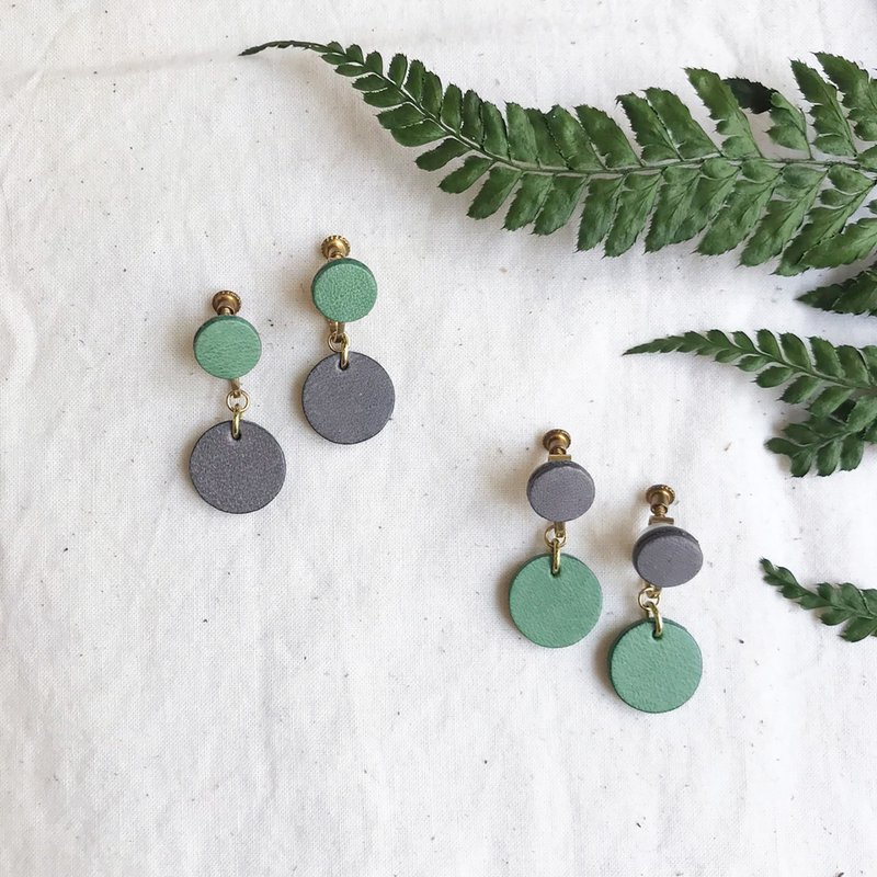 Handmade Leather Earrings_Xiaoyuan No.3 Work_Apple Green and Gray White - Earrings & Clip-ons - Genuine Leather Green