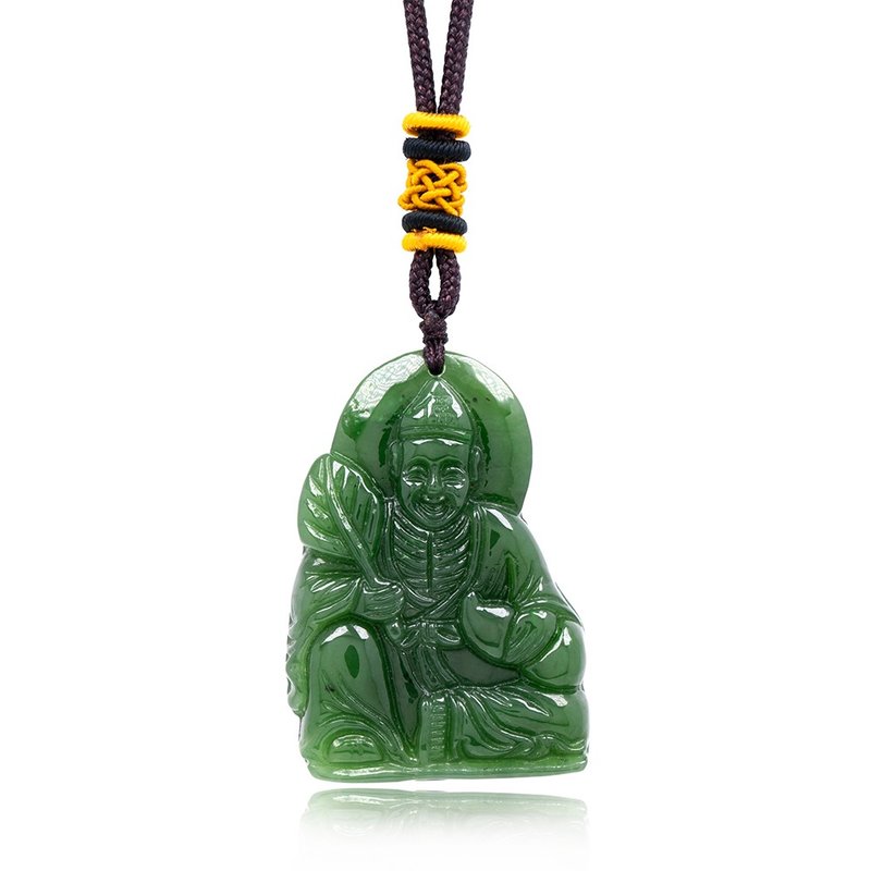 Nephrite Jade Mad Monk Pendant Traditional Cotton Knot - Necklaces - Jade Green