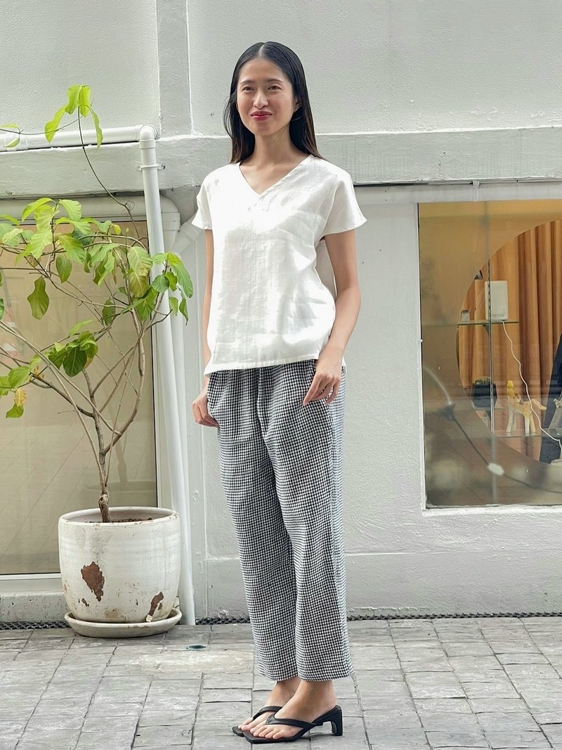 Iris Long Pants Linen check pattern - 男長褲/休閒褲 - 棉．麻 黑色