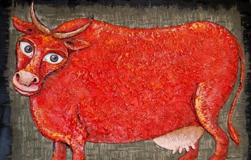 アートタイル赤い牛の絵アクリル動物アート面白い動物牛の写真