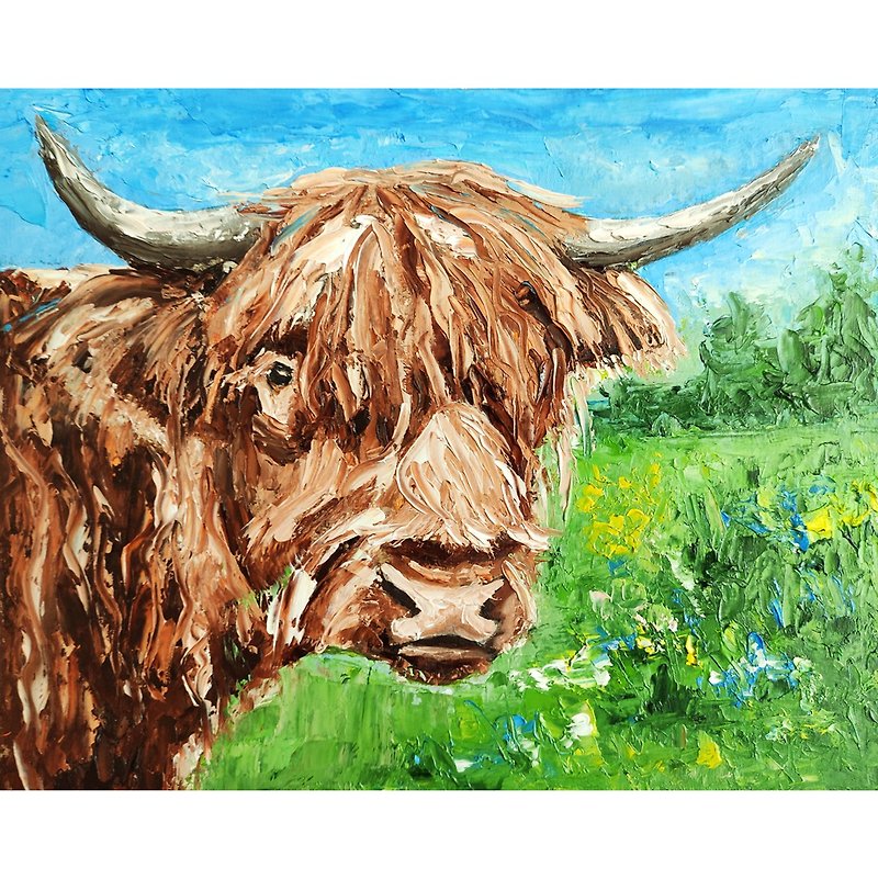Highland Cow Original Painting Farm Animal Art Funny Portrait Wall Art - 海報/掛畫/掛布 - 其他材質 多色