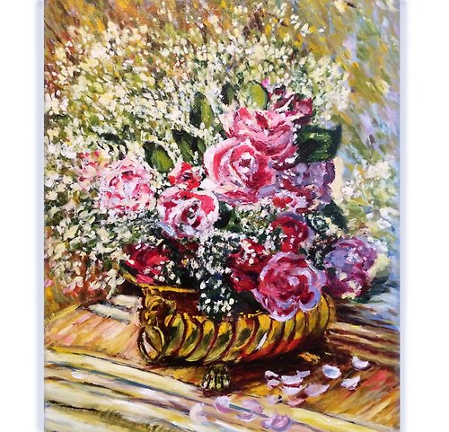 赤いバラの絵、花の油絵、掛ける絵、クロード・モネの芸術 - ショップ 