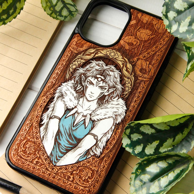 Princess of the Forest -  Phone case wood laser engraved + hand painting - 手機殼/手機套 - 木頭 咖啡色