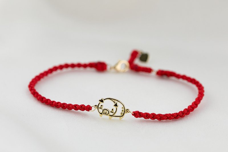 Year of PIG - 18k Yellow Gold Cute Piggy Design Adjustable Linear Bracelet - Bracelets - Precious Metals Red