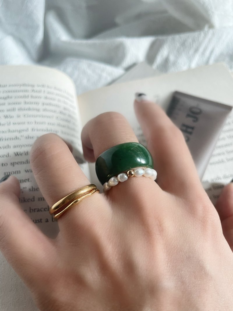 Natural Hetian jade jasper wide ring HK 17 Green Yun 144 - แหวนทั่วไป - หยก สีเขียว