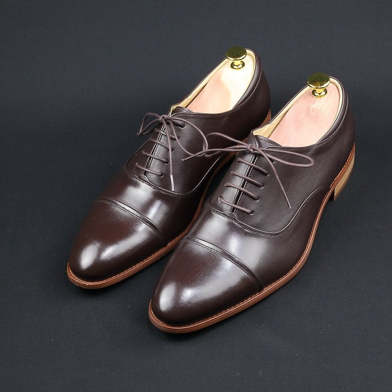 Captoe Classic Cross-Decorated Oxford Shoes-Chocolate - รองเท้าอ็อกฟอร์ดผู้ชาย - หนังแท้ สีนำ้ตาล