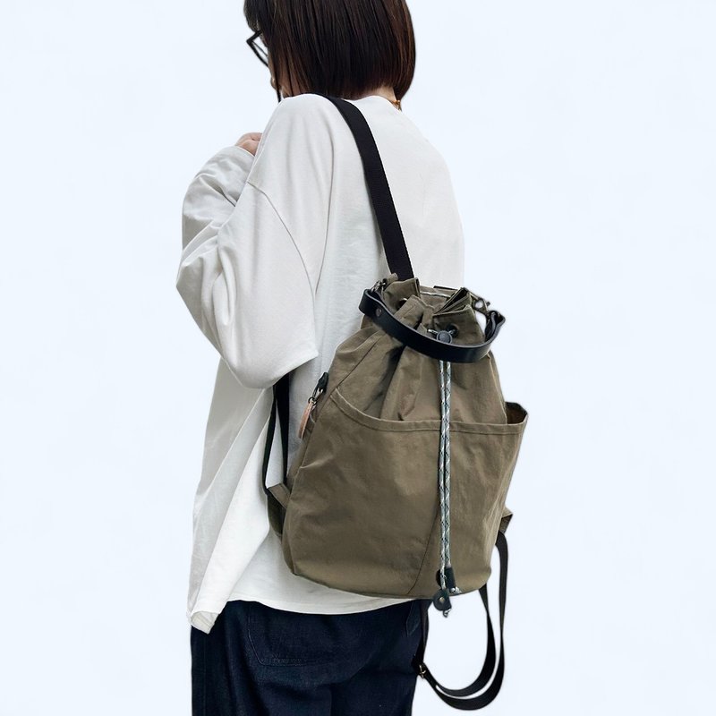 KONBU Khaki Small Khaki Water-repellent nylon material Drawstring backpack Made to order - Backpacks - Nylon Khaki