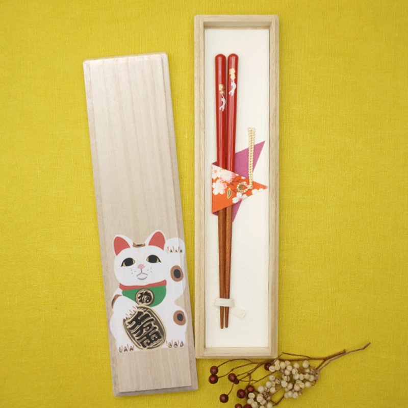 Hyosaemon Chopsticks Gift Set, Lucky Cat, Dishwasher Safe Chopsticks, Cat, Medium 21.5cm - ตะเกียบ - ไม้ 