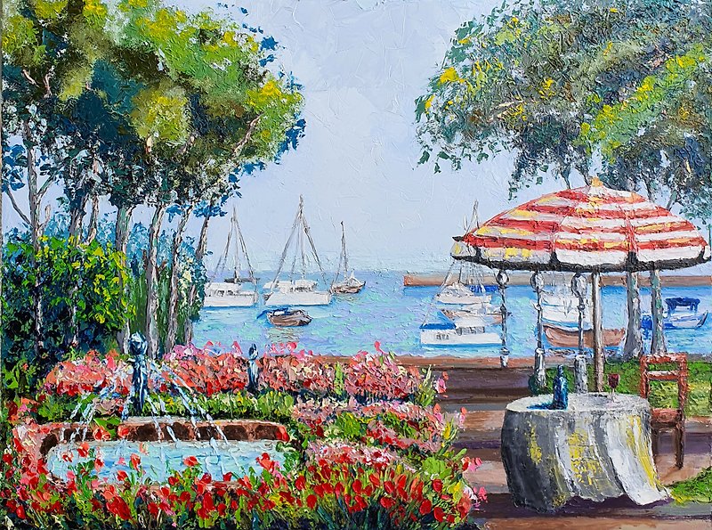 Pattaya Painting Sailboats Seascape Original Art Gulf of Thailand Wall Art Boat - Posters - Other Materials Multicolor