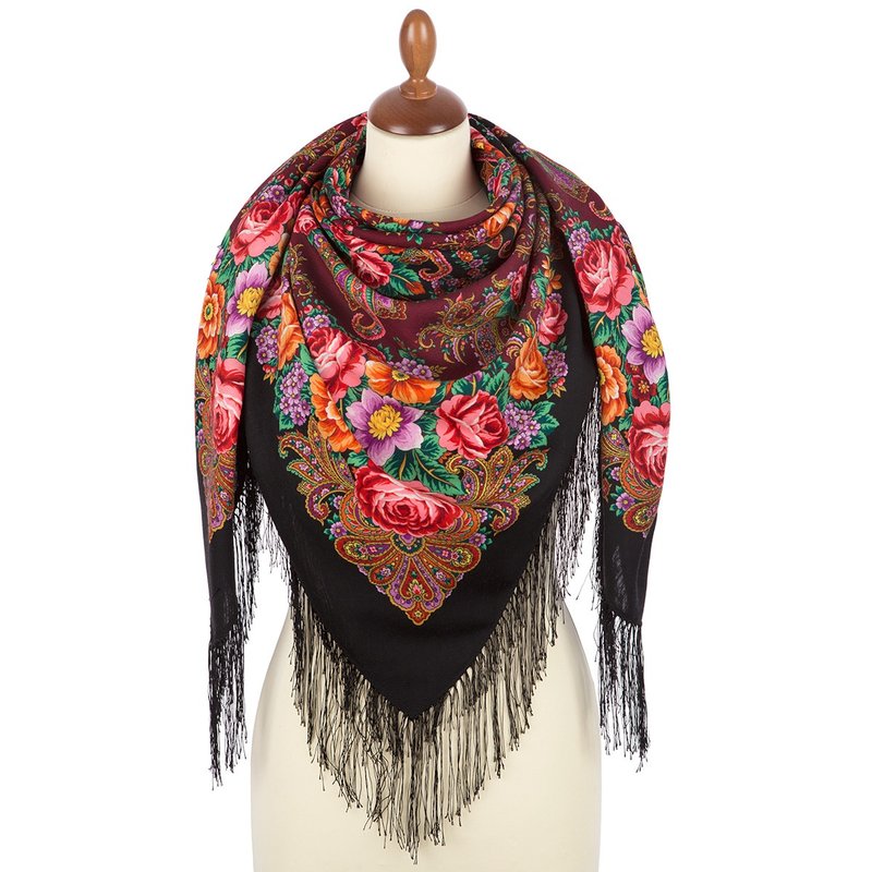 Pavlovo Posad Russian Shawl 100% Wool Scarf 125x125 cm Wrap Silk Fringe 1824-18 - Scarves - Wool Multicolor