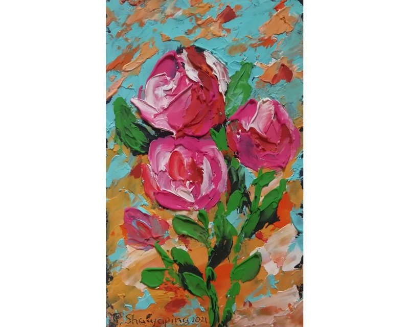 Roses Oil Painting Impasto Original Art Floral Artwork Flower Small Wall Art - โปสเตอร์ - วัสดุอื่นๆ หลากหลายสี