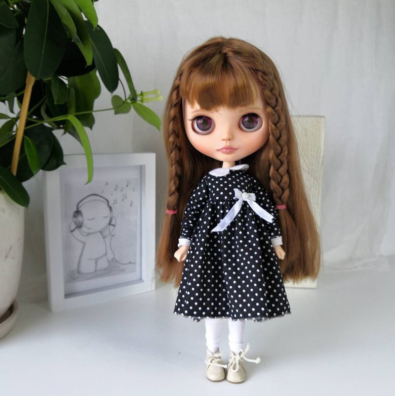 Black dress with white polka dots doll Blythe. Dress with collar and sleeves. - 公仔/玩偶 - 棉．麻 