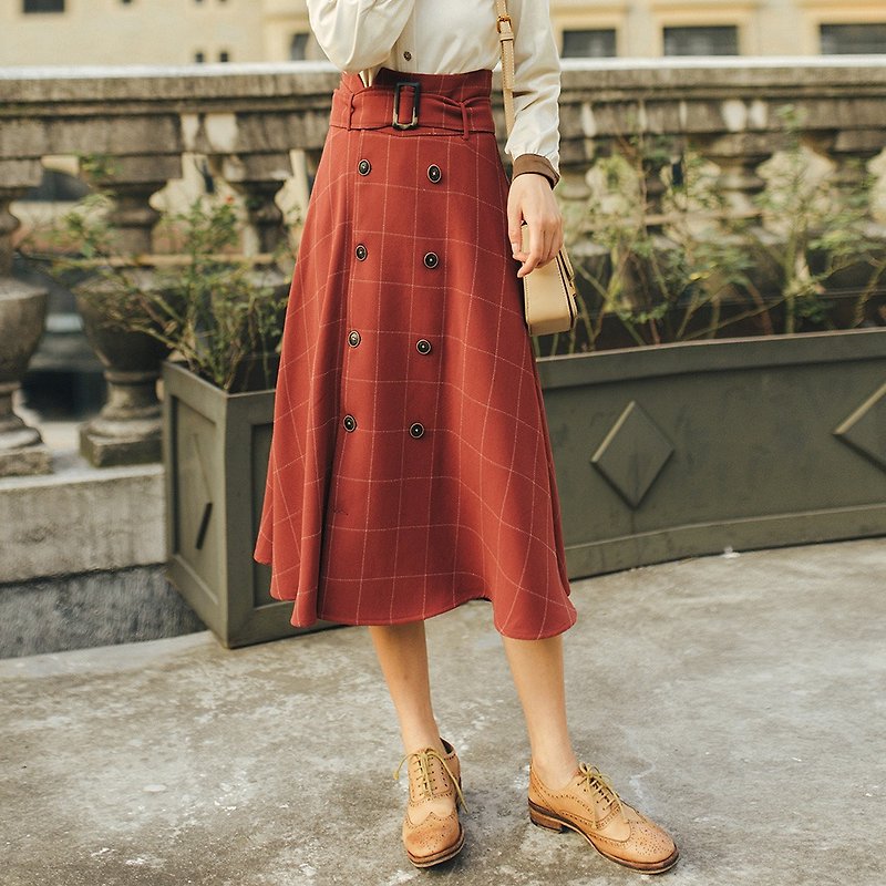 2018秋冬女裝新品高腰雙排扣格子半身裙 - 裙子/長裙 - 聚酯纖維 紅色