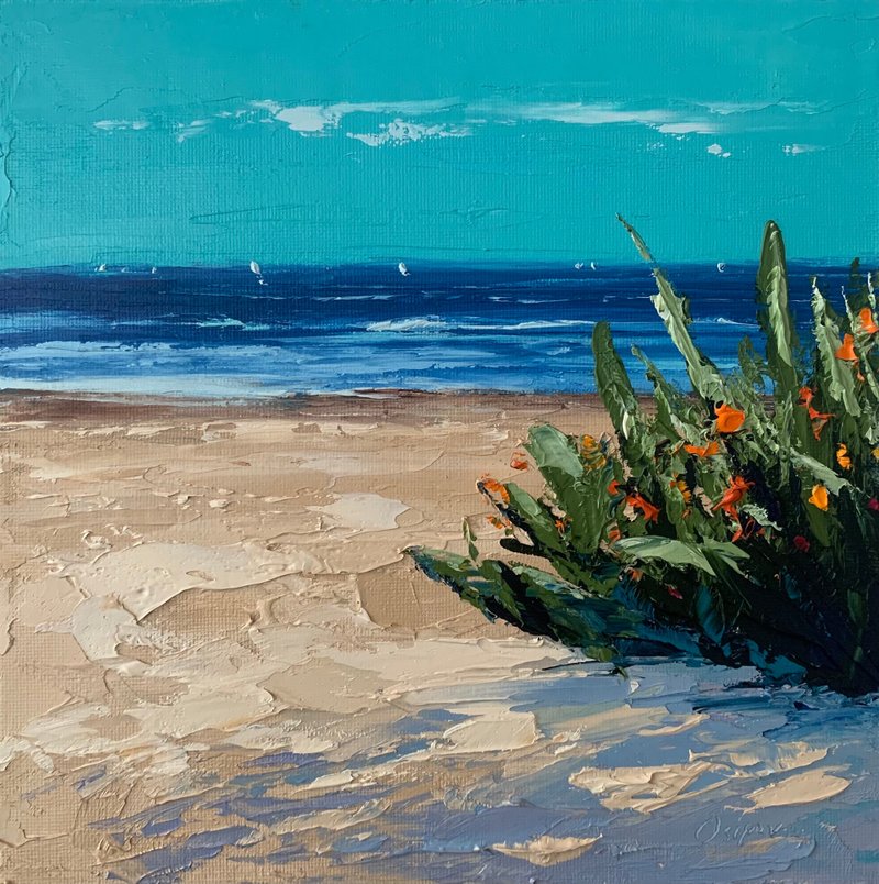 Original Beach Seascape Painting Ocean Artwork Oil Painting On Canvas Impasto - 壁貼/牆壁裝飾 - 棉．麻 多色