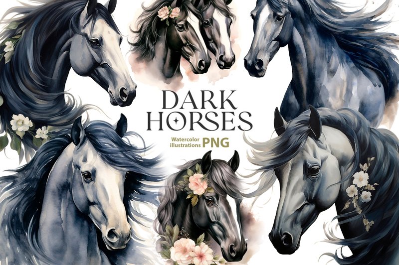 Watercolor Black Horse couple clipart set, 10 Png, Dark Horses and flowers - 電子手帳及素材 - 其他材質 