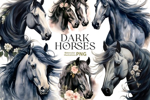 Natali Mias Store Watercolor Black Horse couple clipart set, 10 Png, Dark Horses and flowers