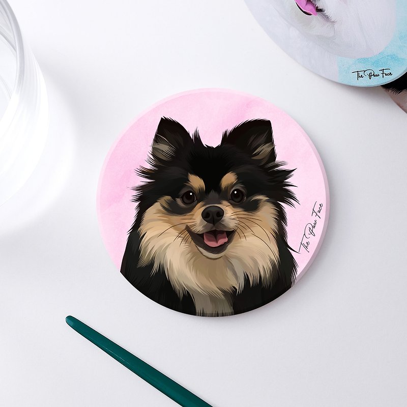 Black Pomeranian-round ceramic absorbent coaster/animal/homeware - ที่รองแก้ว - ดินเผา 
