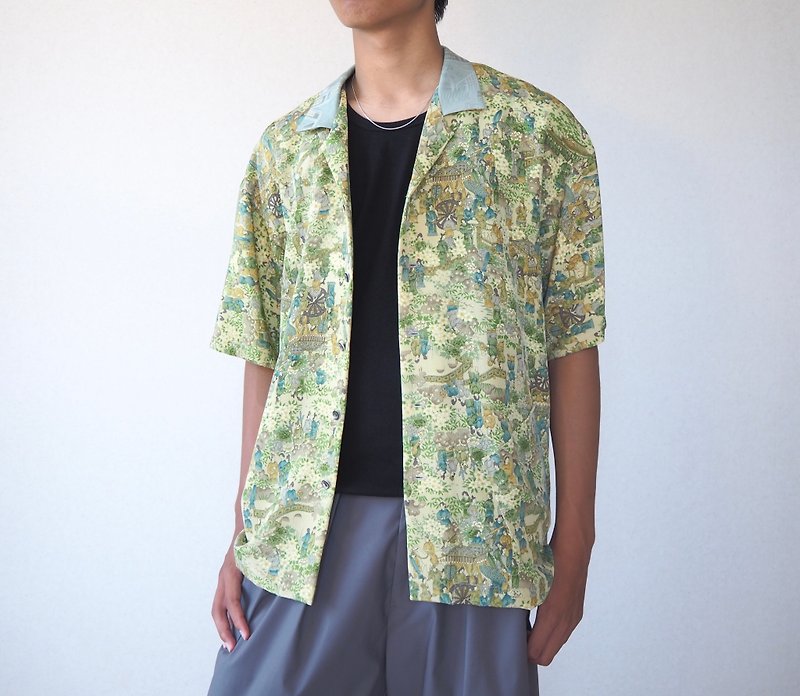 【日本製】UMUI BLACK LABEL upcycled Kimono mens shirt L, one-of-a kind - Men's Shirts - Silk Green