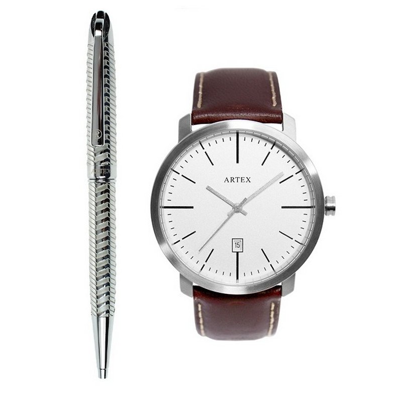 ARTEX Yajue Ball Pen - Silver Key +5936 Leather Watch - Brown / Fog Silver 42mm - นาฬิกาผู้หญิง - หนังแท้ สีนำ้ตาล
