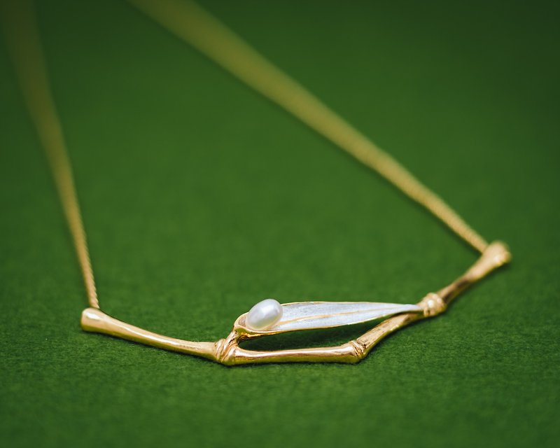 Classic art nouveau - Bamboo pearl necklace - Japanese design - Bamboo necklace - สร้อยคอ - เงิน สีทอง