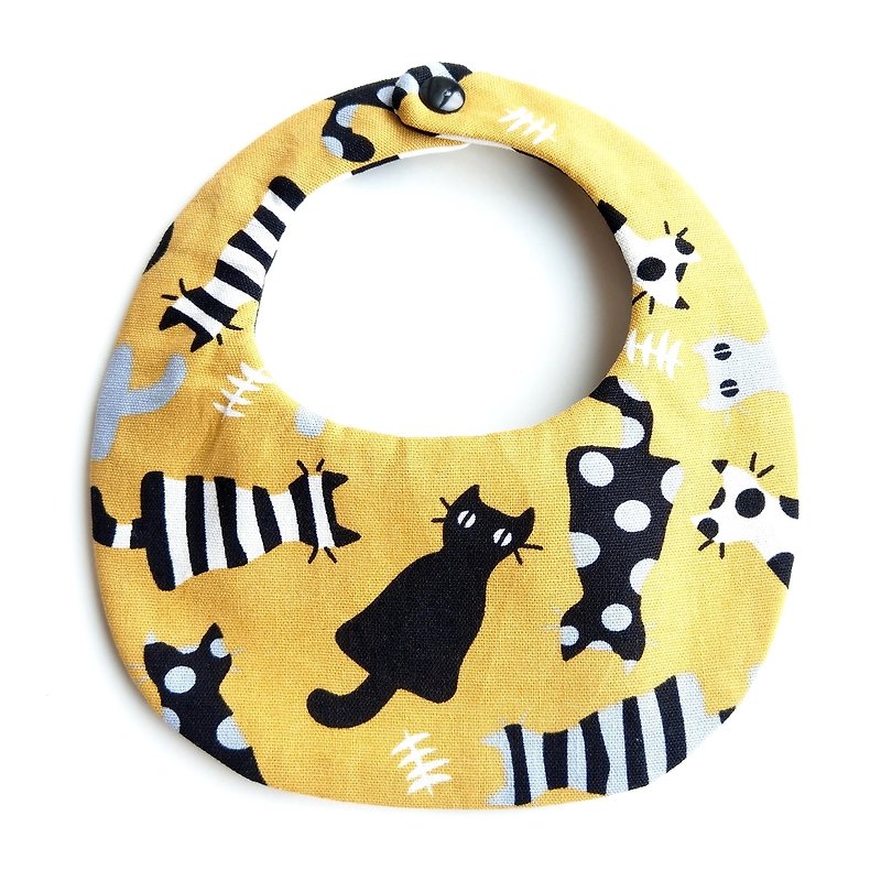 6層糸のビブポケット - 黄色の黒い猫×黒と白の大きな波のポイント - スタイ - コットン・麻 